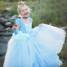 跨境爆款灰姑娘公主裙藍色網紗裙 兒童節禮服蓬蓬童裙