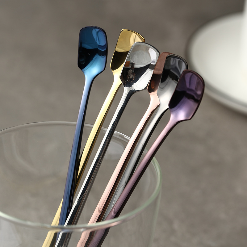 Nuevo creativo 304 cabeza cuadrada de acero inoxidable cuchara de hielo postre cuchara de mango largo Coreano dorado agitación cuchara de café cuchara de ocio
