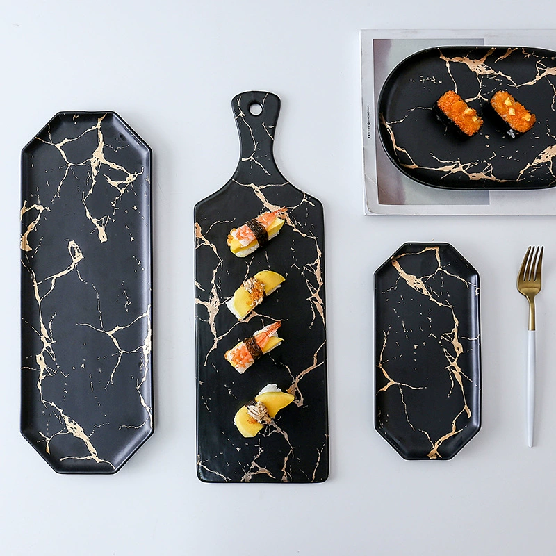 美辰达 Marble matte golden black and white ceramic tableware dining cold dishes Western dining steak fruit plate