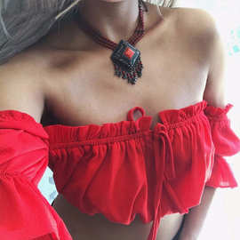 欧美女装短款露脐夏季灯笼袖性感露肩有褶边T恤女式上衣厂家直销