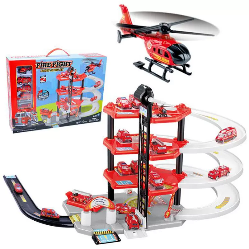 儿童四层拼装轨道车益智玩具仿真停车场玩具模型车合金消防车警车