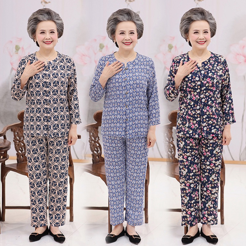 Middle-aged and elderly people Summer wear mom Cotton silk suit grandma TSUMUGI Two piece set Old lady summer Cardigan clothes