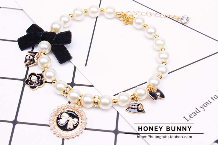 Collar de perlas fuente fabricante joyería para mascotas perro cadena Teddy encaje arco Cat Bell