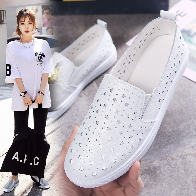 2025 Spring/Summer New Casual Genuine Leather Hollow Breathable Loafers Leather Flat Shoes Slip-On Lazy Women's Shoes
