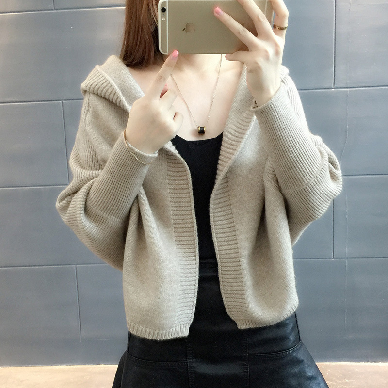 2025 Spring and Autumn New Women's Knitted Cardigan Loose Long Sleeve Solid Color Cape Bat Shirt Hooded Sweater Women's Jacket