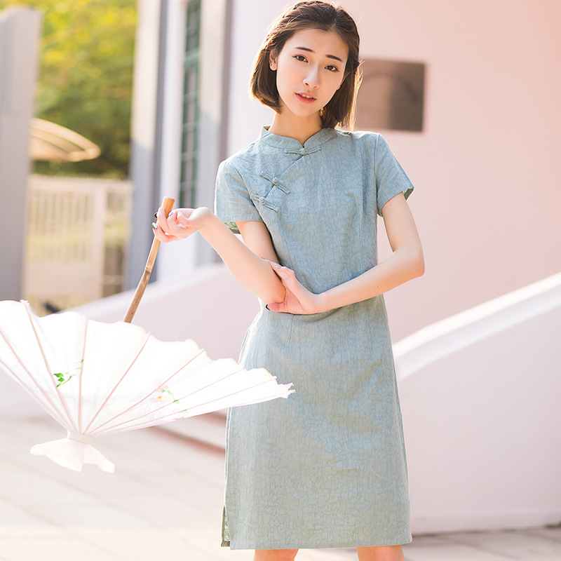 Spot original linen cheongsam skirt short sleeve mid-length modified literary retro Republic of China style light Chinese dress