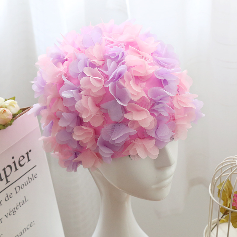 Flor gorro de natación gorro tridimensional pétalo elástico forrado cómodo transpirable de las mujeres de pelo largo gorro de natación