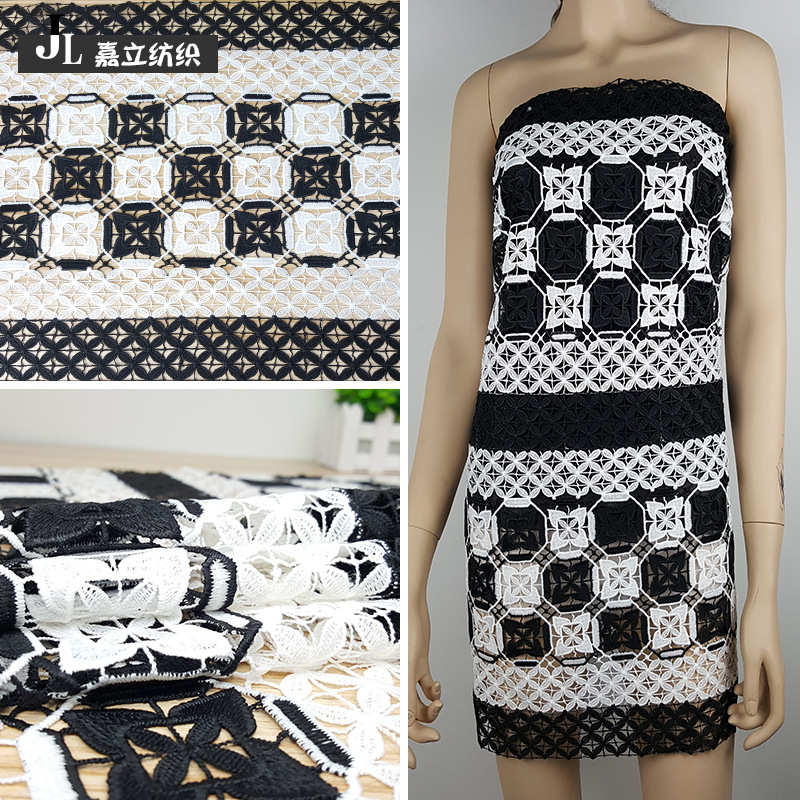 热销新款镂空牛奶丝双色刺绣面料高端时尚黑白水溶满幅宽花边辅料