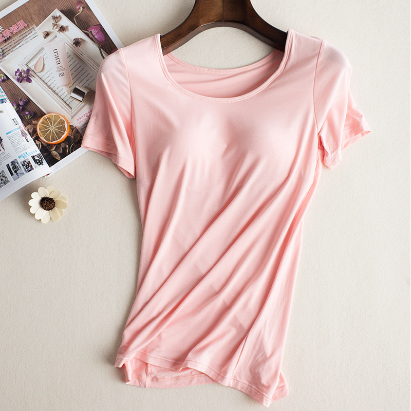 Bra-t con almohadilla de pecho sin anillo de acero sujetador sin desgaste con almohadilla de pecho taza integrada yoga deportes manga corta Camiseta verano y otoño