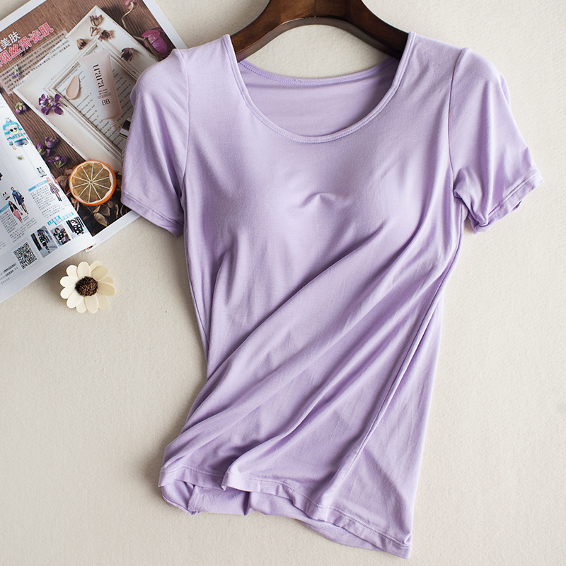Bra-t con almohadilla de pecho sin anillo de acero sujetador sin desgaste con almohadilla de pecho taza integrada yoga deportes manga corta Camiseta verano y otoño