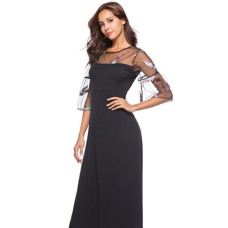 2025 Summer Plus Size Women's Lace Embroidery Black Spliced ​​Long Skirt Flared Sleeves Large Swing Skirt Hot Style High Waist Slimming