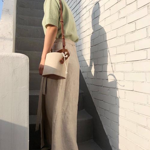 2024 Spring and Summer New Ins Popular Canvas and Leather Bucket Bag Contrast Color Small Bag Single Shoulder Crossbody Bag for Women