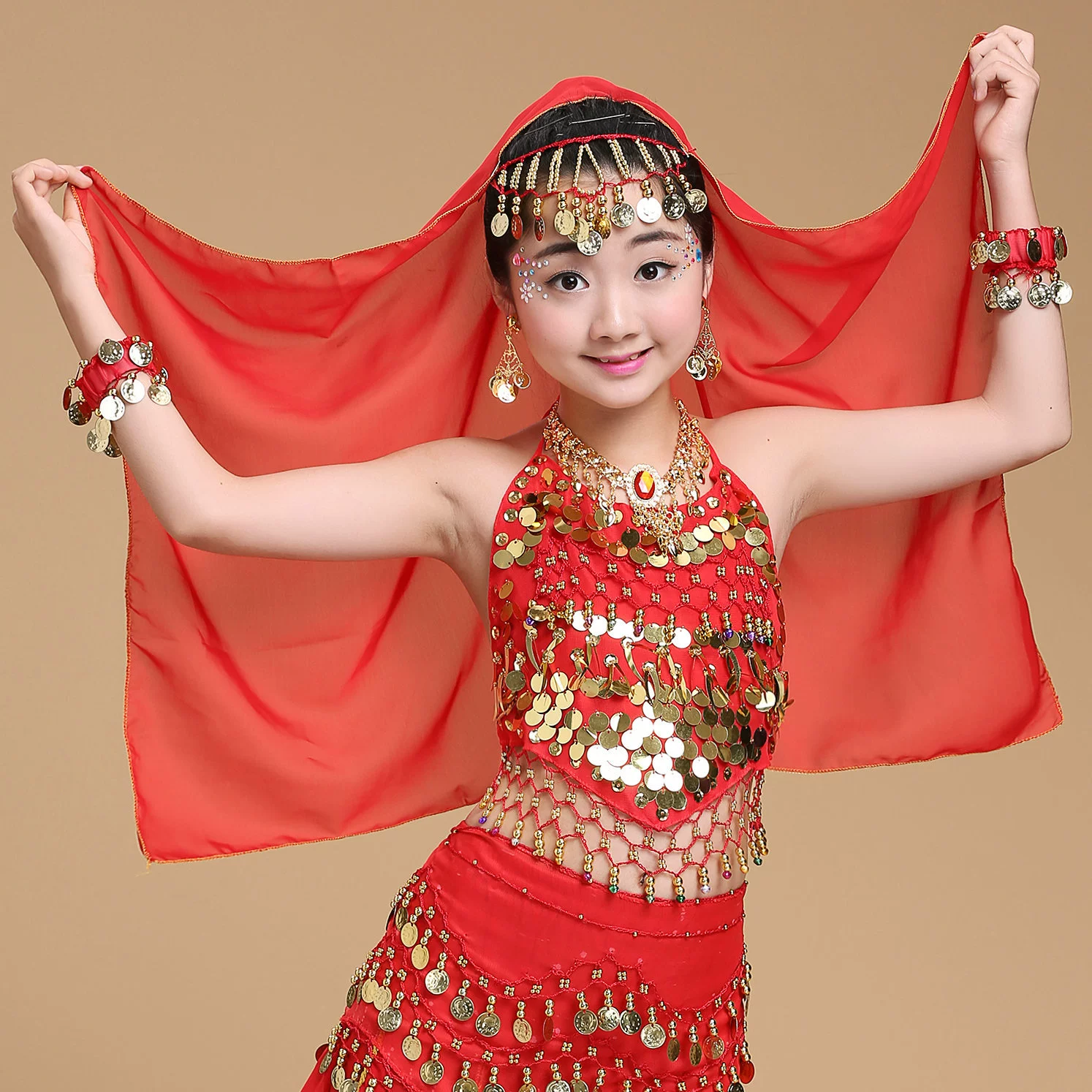 Новые Детские аксессуары для танцевальных представлений, Индийские танцы, детский головной убор для танца живота, шарф, ожерелье, серьги, браслет