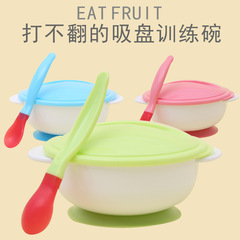 Baby non-slip double-ear suction wall bowl baby suction cup bowl with lid and soft tip spoon training bowl baby tableware wholesale