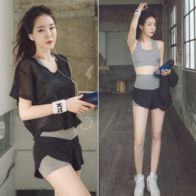 Internet Celebrity Summer Gym Yoga Clothing Three-Piece Suit for Women Korean Style Sports Running Breathable Mesh Shirt Short-Sleeved Shorts for Women