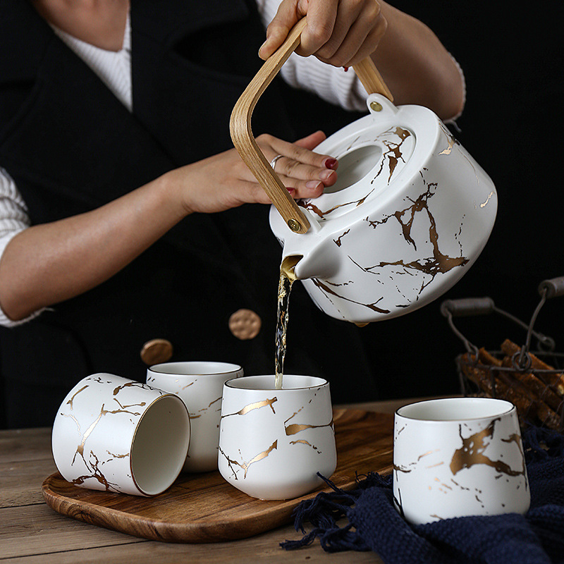 大理石纹家用茶具套装 日式黑白陶瓷下午茶杯配相思木底托 茶壶