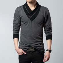 2024年新款春秋男士长袖t恤男衣服加肥大码V领拼接假两件打底衫
