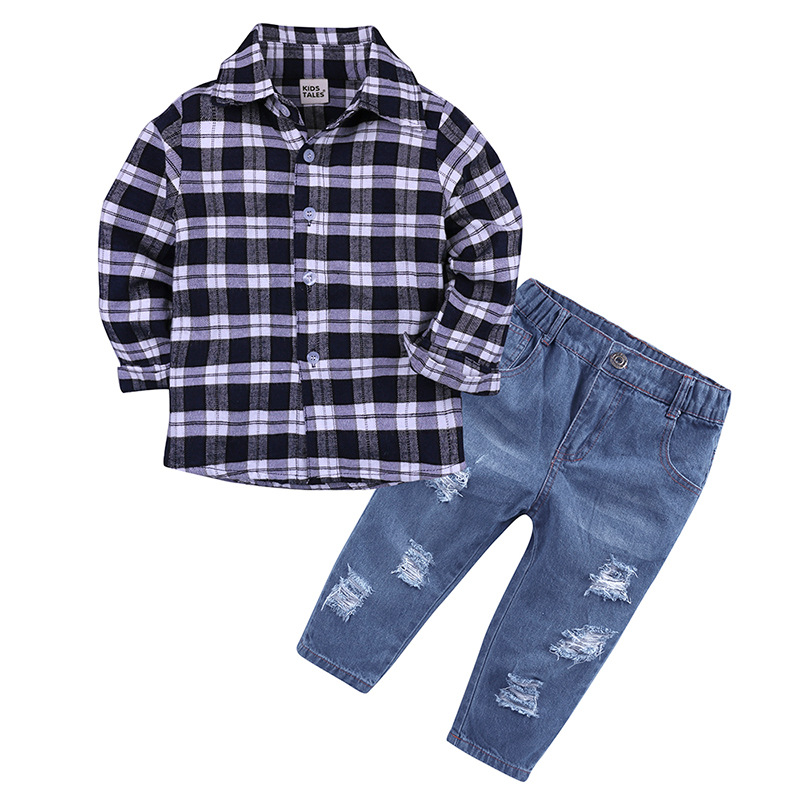 春夏款跨境童装欧美 男童格子长袖衬衣牛仔长裤套装 男宝两件套