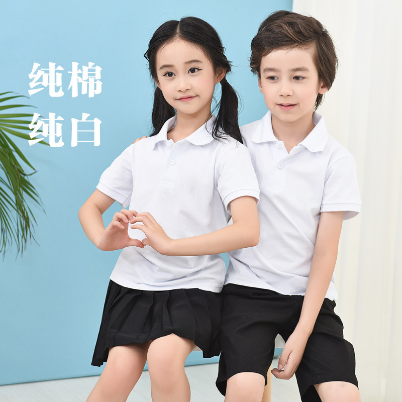 Children's White Polo Shirt Short-sleeved Cotton Boys Lapel White T-shirt Summer School Uniform Girls' Half-sleeved T-shirt