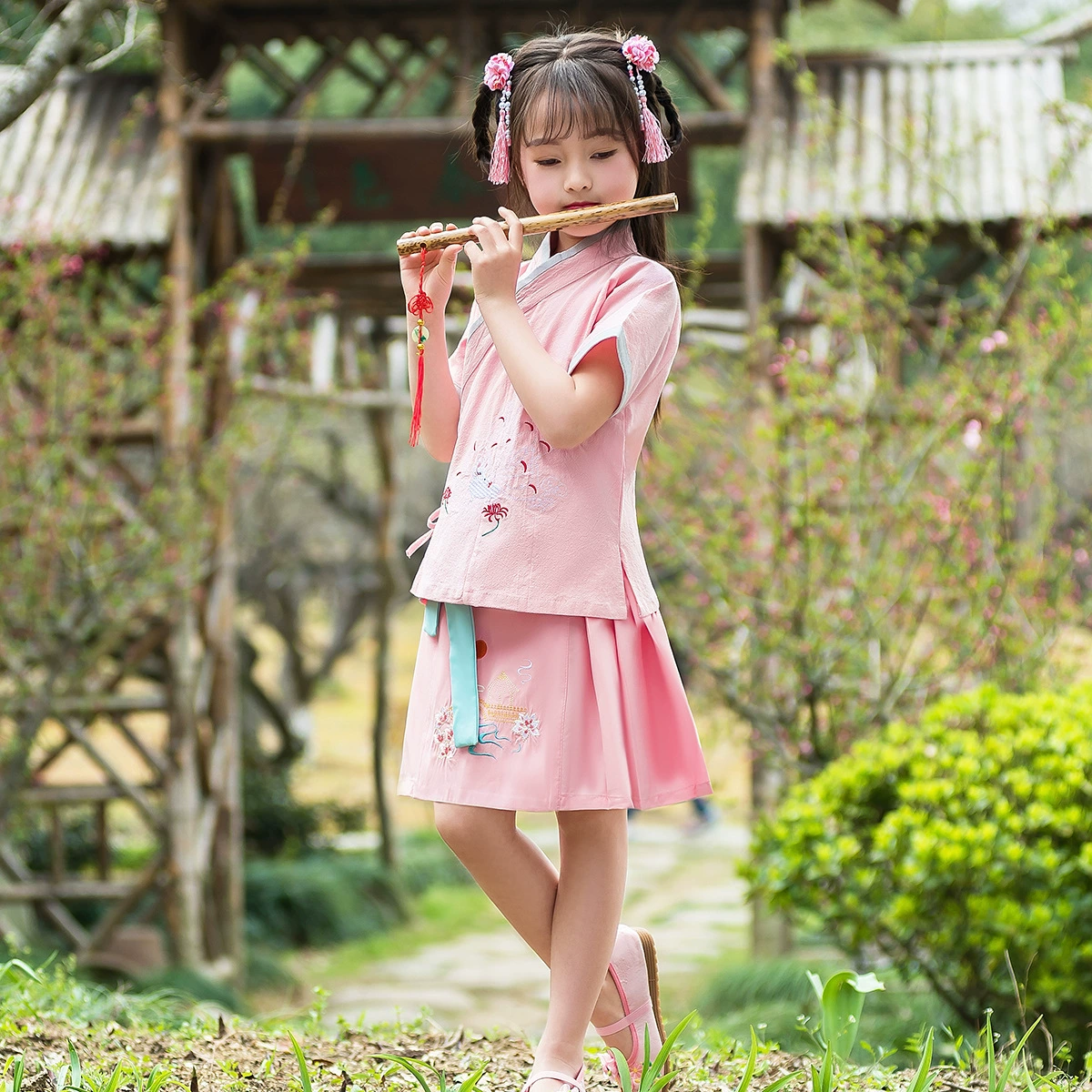 Новый китайский костюм в китайском стиле для девочек с вышивкой с короткими рукавами юбка из двух частей