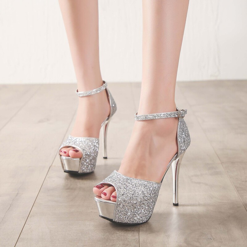 Fashion Metal Sequins Banquet Shoes Stiletto Heel Fish Mouth Hollow Platform Buckle Sandals High Heels 9711-3 Fashion Metal Sequins Banquet Shoes Stiletto Heel Fish Mouth Hollow Platform Buckle Sandals High Heels 9711-3