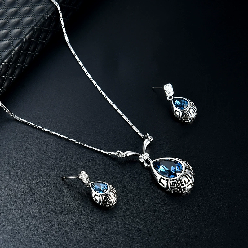 Модная металлическая синяя zirconia, серьги, ожерелье, украшение, аксессуар, европейский стиль, простой и элегантный дизайн, с камнем, без указания площадки