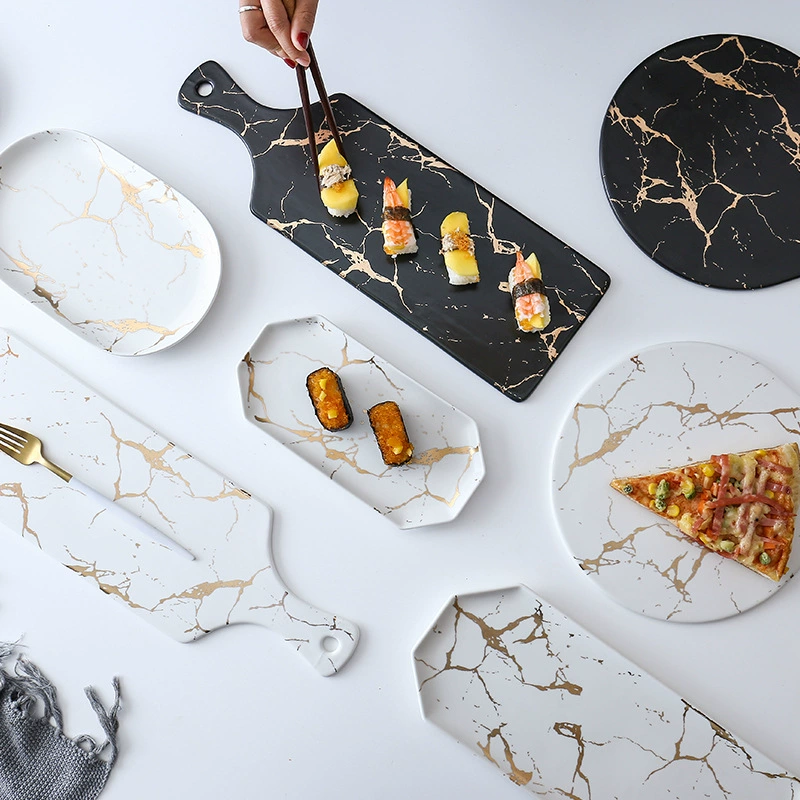 美辰达 Marble matte golden black and white ceramic tableware dining cold dishes Western dining steak fruit plate