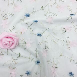 Popular Mesh Cloth Hexagonal Mesh Embroider Stereo Chiffon Flower Contrasting Color Branch Embroider Gauze Skirt Fabric Ready for Sale
