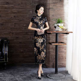 2025春夏新款旗袍 中国风桑蚕丝短袖真丝长款旗袍礼服 女士唐装