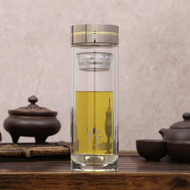 源头工厂双层商务玻璃杯真空耐高温水杯车载便携茶杯logo定制批发