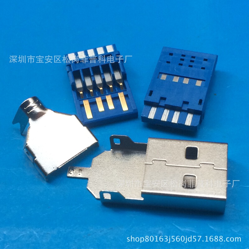 USB 3.0A male three-piece short body 28MM 9p wire bonding blue rubber core A male 3.0 three-piece set