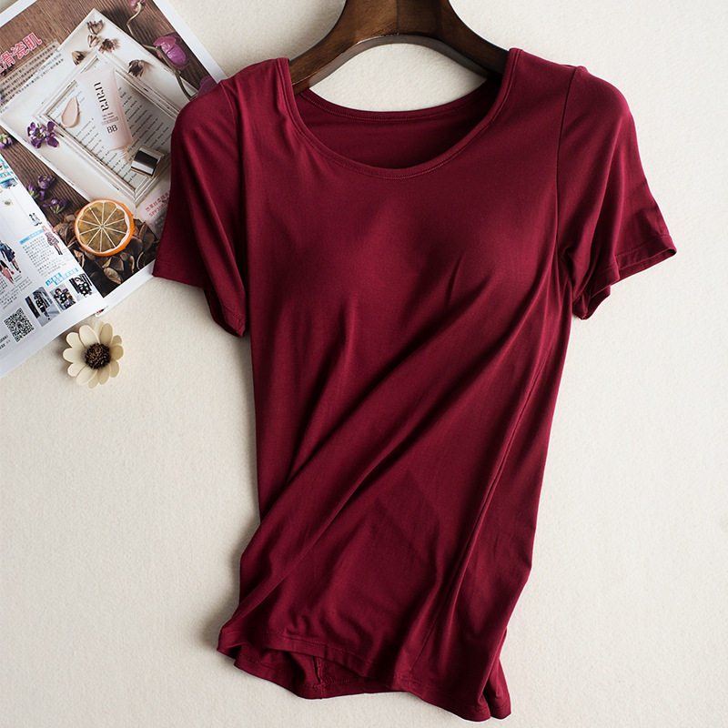 Bra-t con almohadilla de pecho sin anillo de acero sujetador sin desgaste con almohadilla de pecho taza integrada yoga deportes manga corta Camiseta verano y otoño