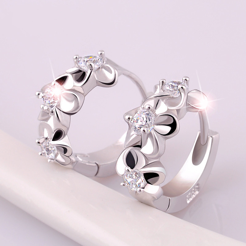 韩版镀银山茶花耳扣女梅花镶钻耳环耳圈时尚气质学生耳饰品批发