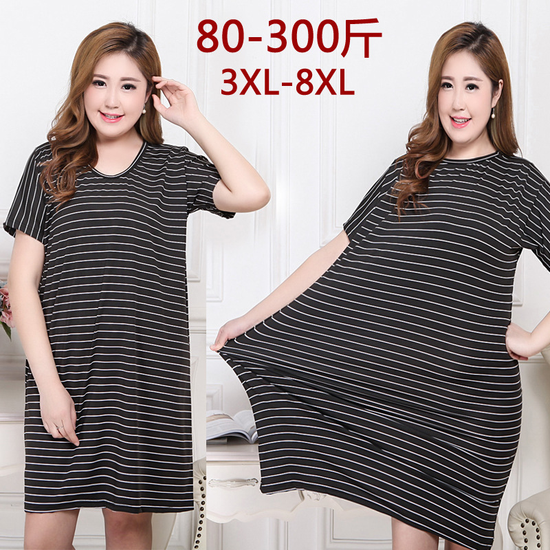 Summer New Style Plus Size 100kg Dress Striped Mid-Length Skirt Loose Elastic Round Neck Large Size Dress Wholesale Summer New Style Plus Size 100kg Dress Striped Mid-Length Skirt Loose Elastic Round Neck Large Size Dress Wholesale