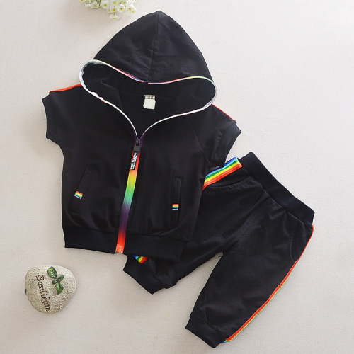 Korean style new sports suit for boys and girls, summer short-sleeved baby hooded zipper shirt, black and white two-piece suit trendy