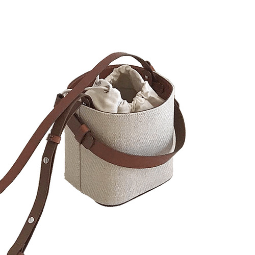2024 Spring and Summer New Ins Popular Canvas and Leather Bucket Bag Contrast Color Small Bag Single Shoulder Crossbody Bag for Women