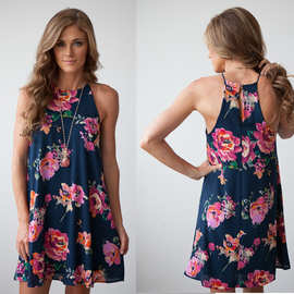 欧美女装 亚马逊ebay新款 夏季 数码印花 无袖花朵连衣裙 吊带裙