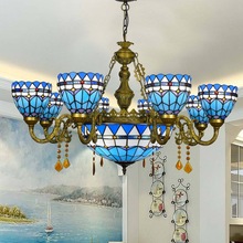 欧琈蒂凡尼地中海蓝色创意客餐厅卧室多头水晶吊灯6头8头遥控灯具