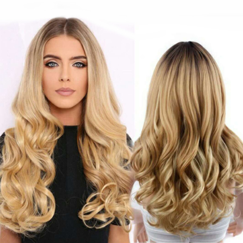 European and American new wig women's gradient medium and large wave long curly hair Golden dyed black chemical fiber hair manufacturer in stock European and American new wig women's gradient medium and large wave long curly hair Golden dyed black chemical fiber hair manufacturer in stock