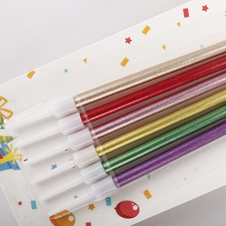 6 piezas pastel de fiesta creativo lápiz vela fabricante Vela de cumpleaños al por mayor larga varilla de oro/color del arco iris sin humo