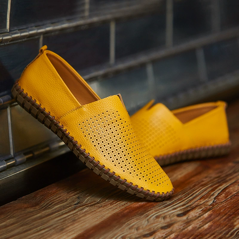 955 Весенне-летняя мужская обувь Повседневная обувь Ботинки с фасолью и низким верхом, полая воловья кожа, обувь для вождения больших размеров, кожаная обувь ручной работы