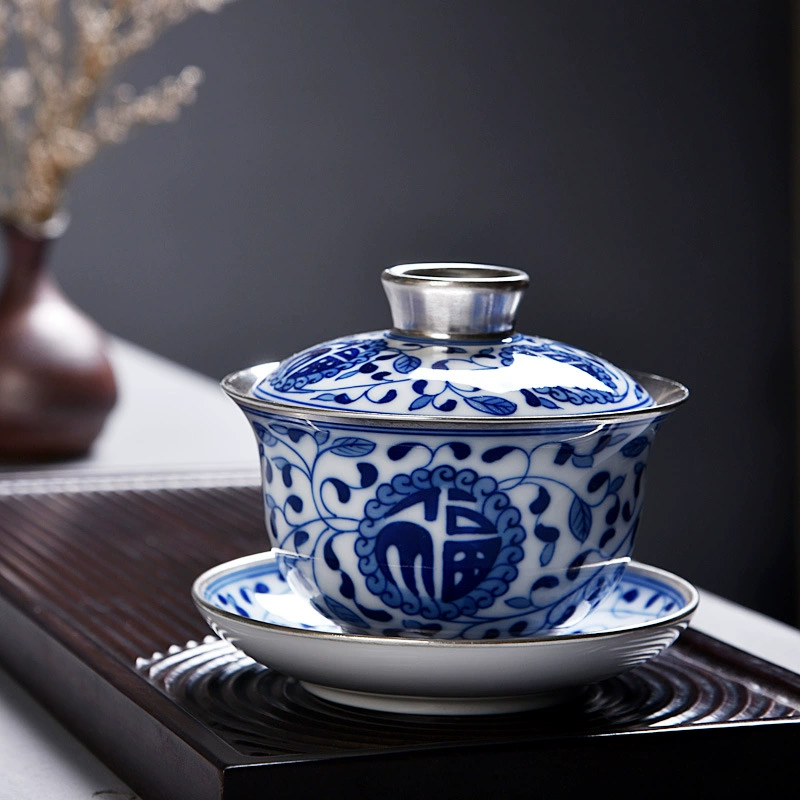 Tea set, blue and white big silver bracelet handmade, 925 sample silver, hand painting