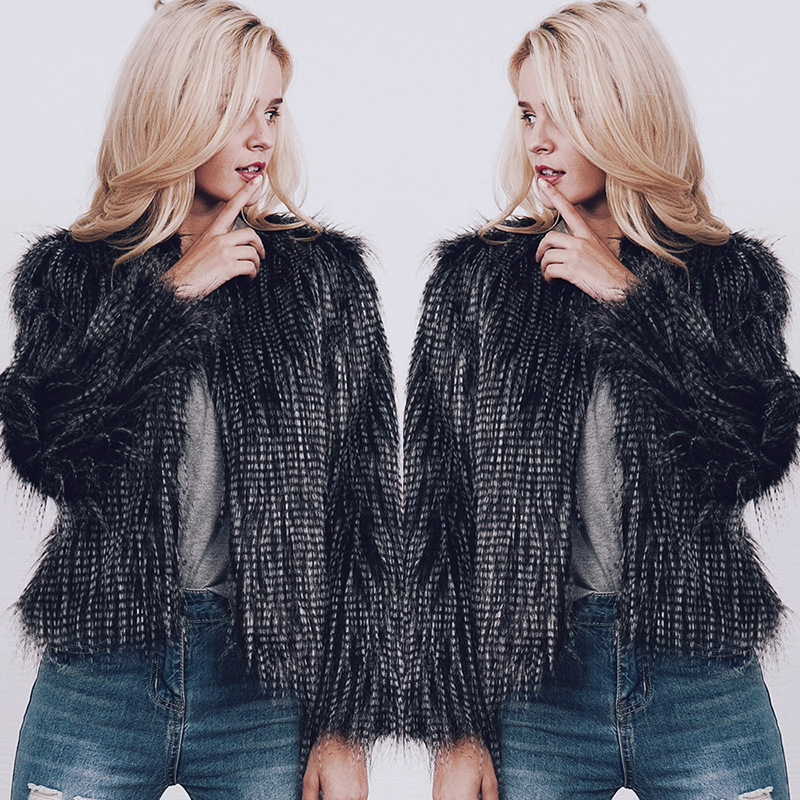 Amazon new women's short faux Peacock wool fox fur black and white jacquard jacket warm loose coat