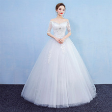 2025新款一字肩中袖新娘婚纱修身显瘦蕾丝公主新娘婚纱一件代发