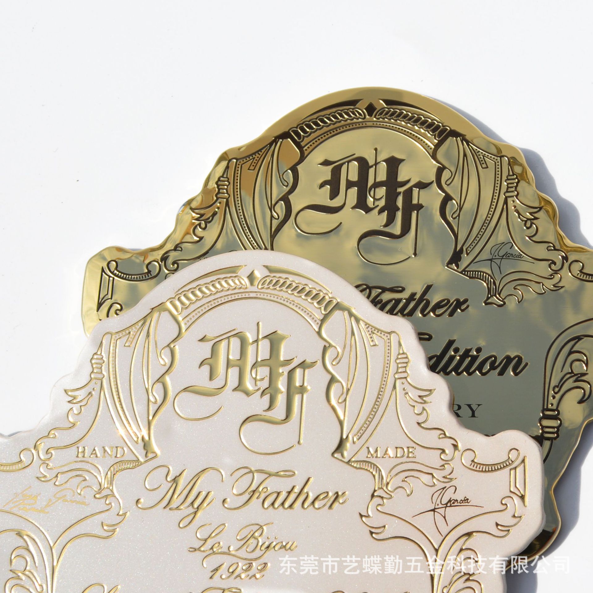 雪茄盒金属标贴铝材平印K金凹凸冲压立体金属标签工厂生产