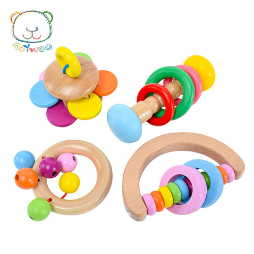 Set of four wooden rattles, hand rattles, Orff instruments, infant hand rattles, baby early education toys