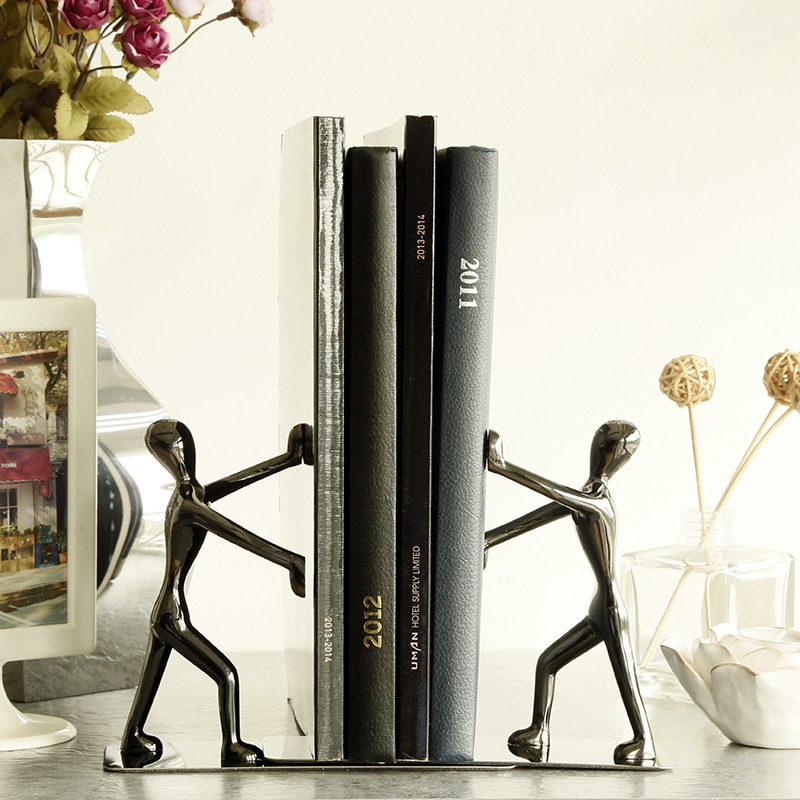Stainless Steel Bookends Bookends Bookshelf Push Metal Creative Humanoid Bookends Bezel Book Clips Black Pair