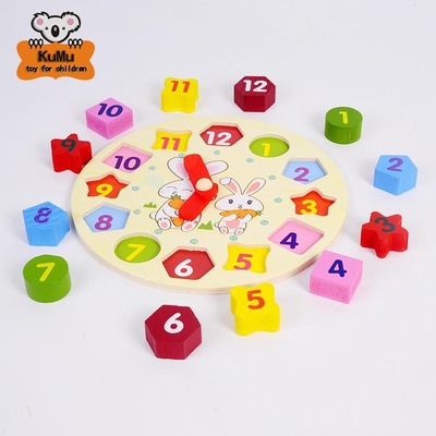 Conejo de dibujos animados reloj fabricante en stock fuente madera forma geométrica juego educación infantil aprendizaje rompecabezas