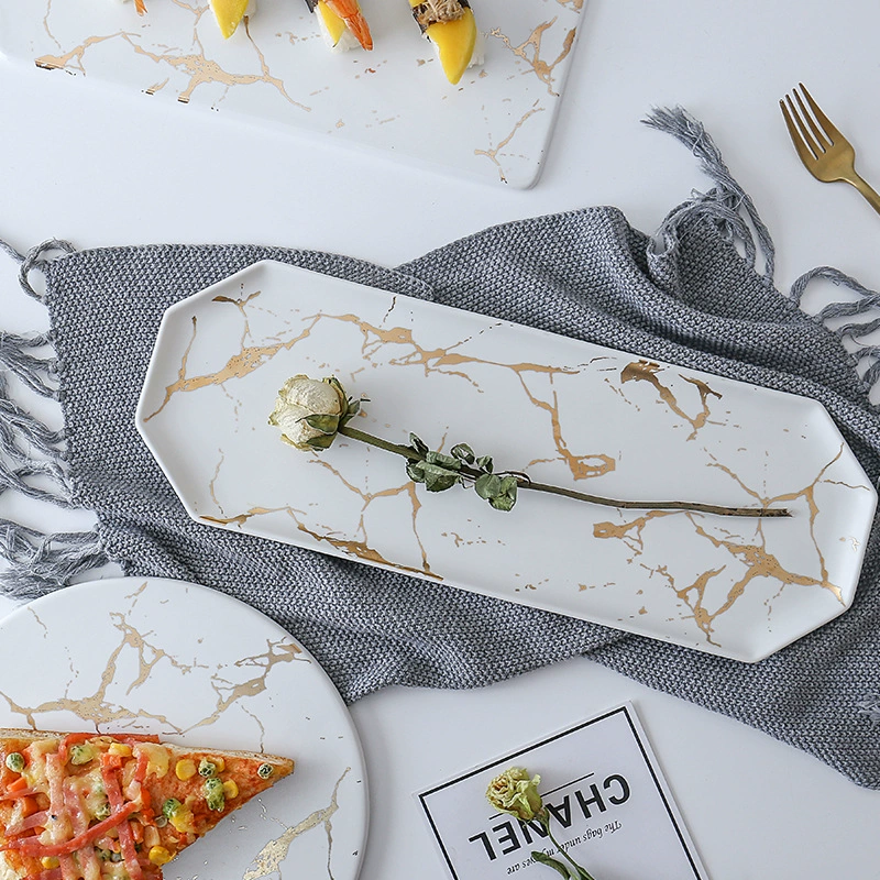 美辰达 Marble matte golden black and white ceramic tableware dining cold dishes Western dining steak fruit plate