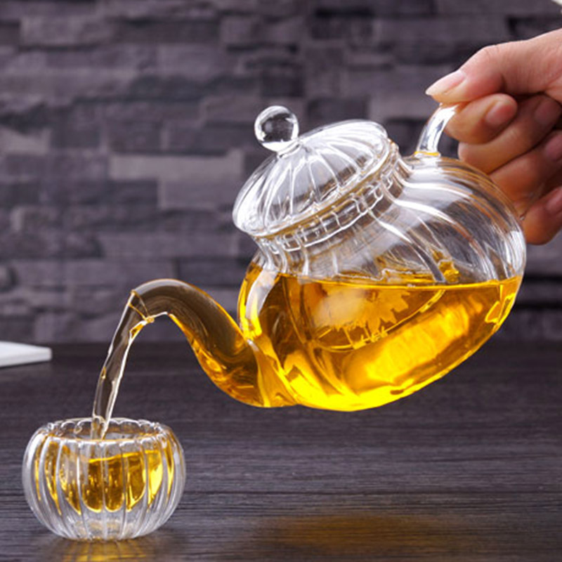竖楞耐冷热玻璃茶具条纹南瓜壶 透明玻璃条纹泡茶壶600ml厂家批发